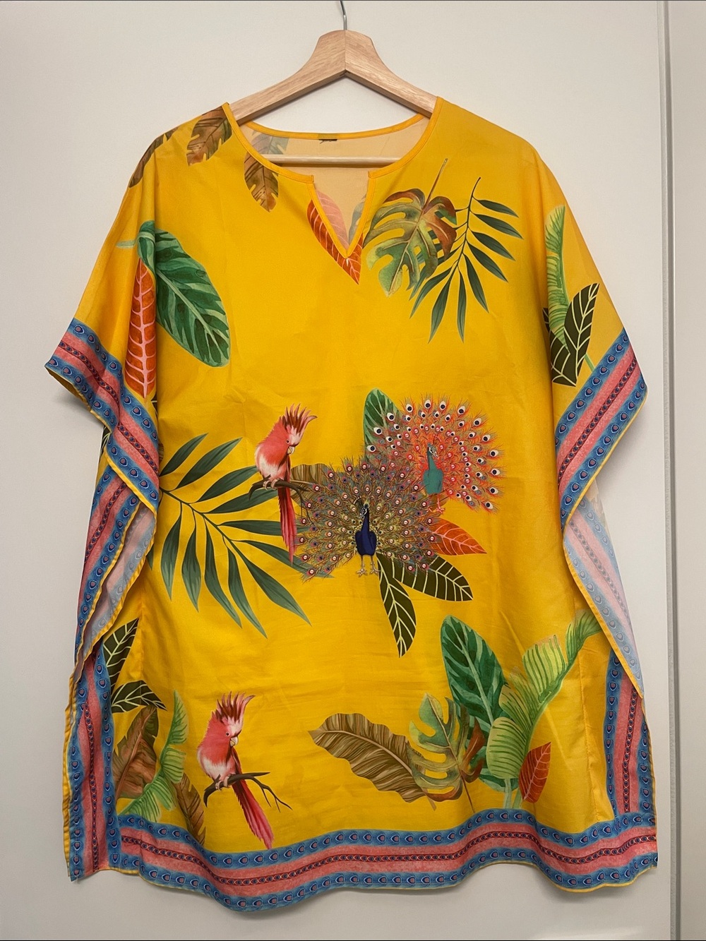 Tropical Yellow Caftan Tunic with Peacock & Parrot Print